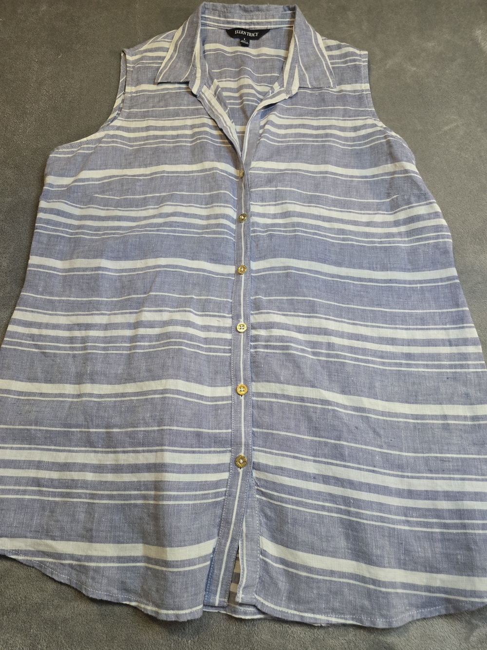 Ellen Tracy Blue and White Striped Sleeveless Button-Up Blouse